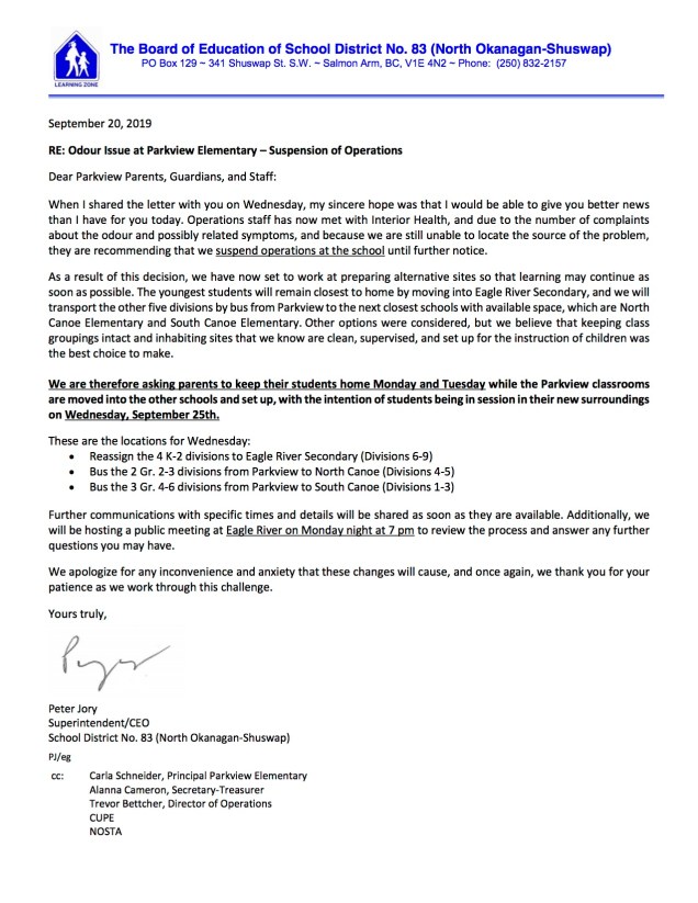 Letter to Parkview Parents - Suspension of Operations
